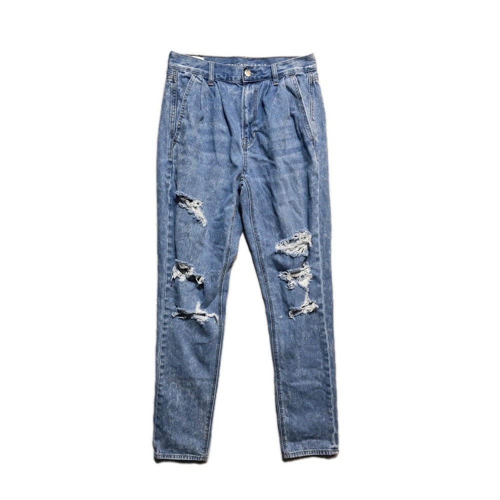 American Eagle Women's Mom Jean Jeans 2 Pleated Distressed Blue